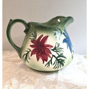 Vintage Hand-Painted Floral Ceramic Pitcher Green and Cream Farm Cottagecore